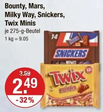 V Markt Bounty, Mars, Milky Way, Snickers, Twix Minis 275 g Beutel Angebot