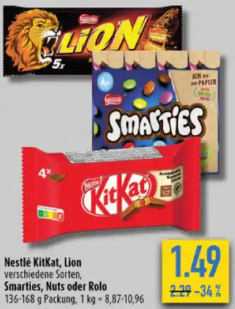 diska Nestlé KitKat, Lion, Smarties, Nuts oder Rolo 136-168 g Packung Angebot