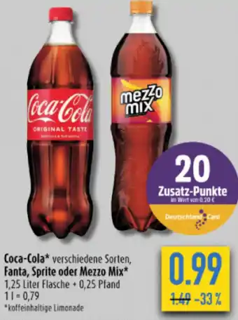 diska Coca-Cola, Fanta, Sprite oder Mezzo Mix 1,25 Liter Flasche Angebot