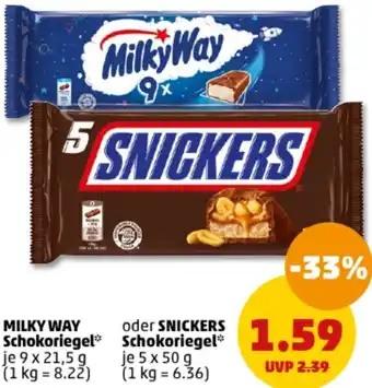 PENNY MILKY WAY Schokoriegel 9x21,5 g oder SNICKERS Schokoriegel 5x50 g Angebot