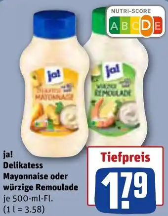 REWE ja! Delikatess Mayonnaise oder würzige Remoulade 500-ml-Fl. Angebot