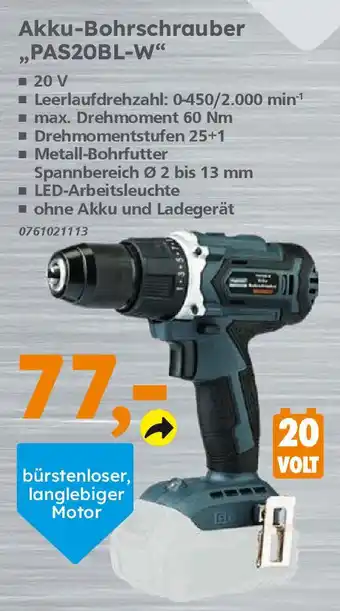 Globus Baumarkt Primaster Akku-Bohrschrauber ,,PAS20BL-W" Angebot