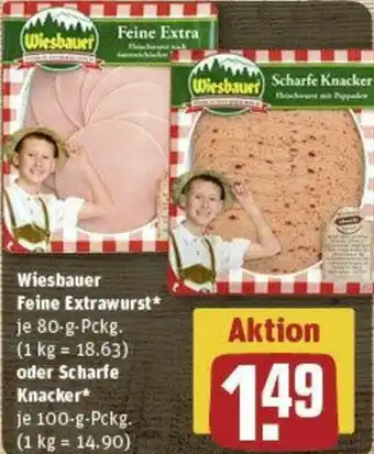 REWE Wiesbauer Feine Extrawurst 80-g-Pckg. oder Scharfe Knacker 100 g Pckg. Angebot