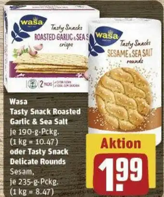 REWE Wasa Tasty Snack Roasted Garlic & Sea Salt 190 g  Pckg. oder Tasty Snack Delicate Rounds 235 g Pckg. Angebot