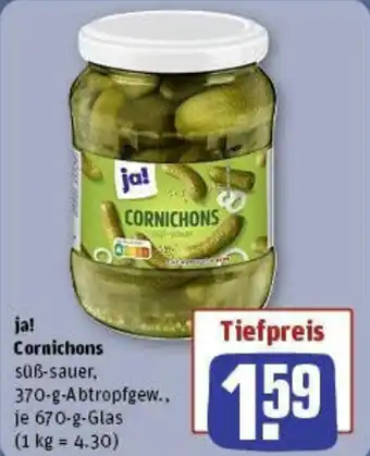 REWE ja! Cornichons süß-sauer, 370-g-Abtropfgew., 670-g-Glas Angebot