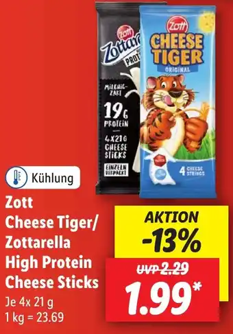 Lidl Zott Cheese Tiger/ Zottarella High Protein Cheese Sticks 4 x 21 g Angebot