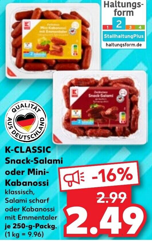 KCLASSIC SnackSalami oder MiniKabanossi 250 g Packg. Angebot bei