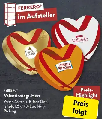 Aldi Süd FERRERO Valentinstags-Herz 124/125/140/147 g Packung Angebot