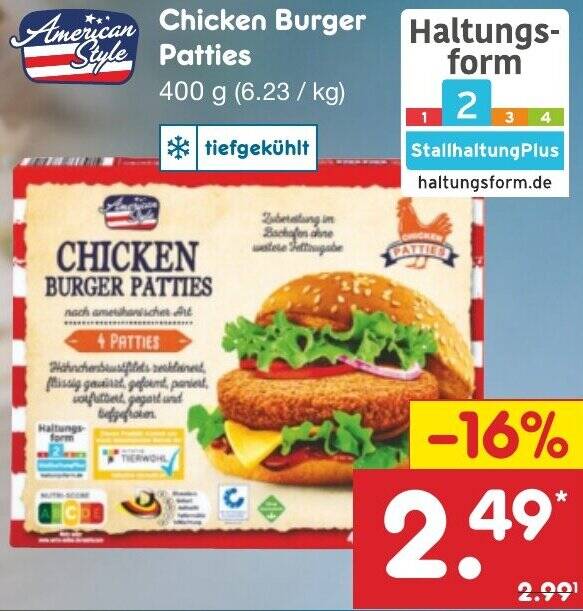 American Style Chicken Burger Patties 400 g Angebot bei Netto Marken