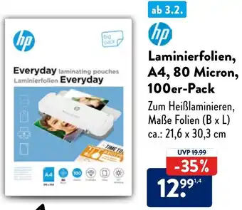 Aldi Nord hp Laminierfolien, A4, 80 Micron, 100er-Pack Angebot