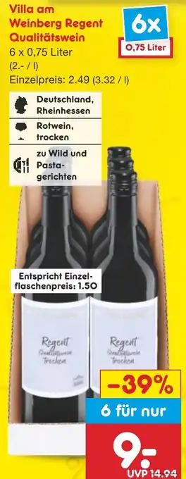 Netto Marken-Discount Villa am Weinberg Regent Qualitätswein 6 x 0,75 Liter Angebot