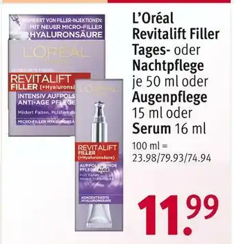 Rossmann L’oréal revitalift filler tages-, nachtpflege, augenpflege oder serum Angebot