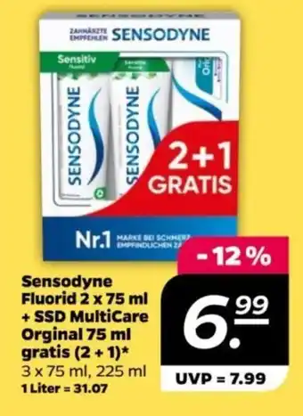 NETTO Sensodyne Fluorid 2 x 75 ml + SSD MultiCare Orginal 75 ml gratis (2+1) 3 x 75 ml, 225 ml 1 Liter Angebot