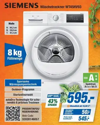 Expert Bening SIEMENS Wäschetrockner WT45HV93 Angebot