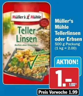 Hit Müller's Mühle Tellerlinsen oder Erbsen 500 g Packung Angebot