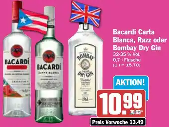 Hit Bacardi Carta Blanca, Razz oder Bombay Dry Gin 0,7 L Flasche Angebot