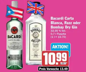 AEZ Bacardi Carta Blanca, Razz oder Bombay Dry Gin 0,7 l Flasche Angebot