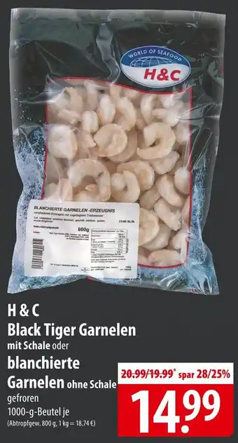 Famila Nord Ost H&C Black Tiger Garnelen oder blanchierte Garnelen ohne Schale 1000 g Beutel Angebot