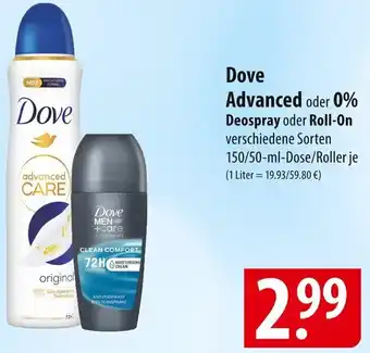 Famila Nord Ost Dove Advanced oder 0% Deospray oder Roll-On 150/50 ml Dose/Roller Angebot