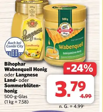 Combi Bihophar Wabenquell Honig oder Langnese Land- oder Sommerblüten-honig 500-g-Glas Angebot