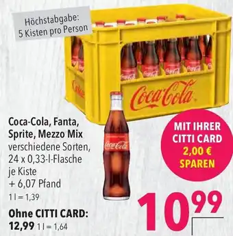 CITTI Markt Coca Cola , Fanta, Sprite oder Mezzo Mix 24x0,33L Angebot