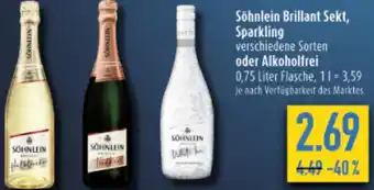 diska Söhnlein Brillant Sekt, Sparkling oder Alkoholfrei 0,75 Liter Flasche Angebot