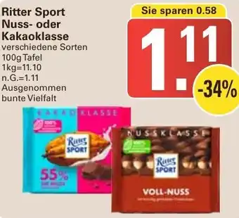 WEZ Ritter Sport Nuss oder Kakaoklasse 100g Tafel Angebot