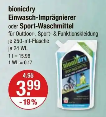 V Markt bionicdry Einwasch-Imprägnierer oder Sport-Waschmittel 250 ml Flasche Angebot