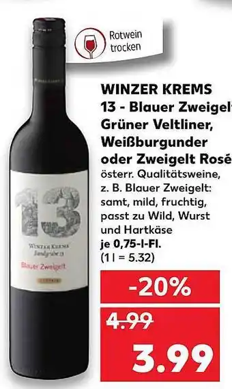 Kaufland Winzer Krems 13-blauer Zweigel Grüner Veltliner, Weißburgunder Oder Zweigelt Rosé 0,75L Angebot