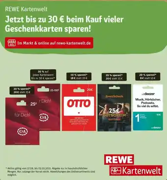 REWE Rewe kartenwelt jetzt bis zu 30 € beim kauf vieler geschenkkarten sparen! Angebot