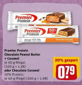 REWE Premier protein chocolate peanut butter + caramel oder chocolate caramel Angebot