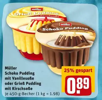 REWE Müller schoko pudding mit vanillesoße oder grieß pudding mit kirschsoße Angebot