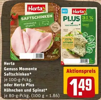 REWE Herta oder herta plus genuss momente saftschinken oder hähnchen und spinat Angebot