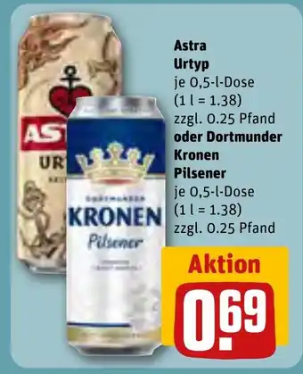 REWE Astra Urtyp oder Dortmunder Kronen Pilsener je 0,5-l-Dose Angebot