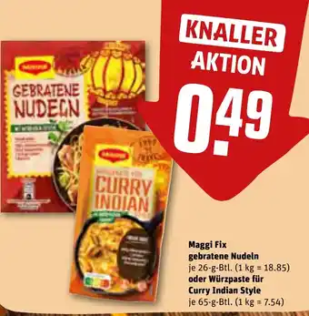 REWE Maggi Fix gebratene Nudeln je 26-g-Btl. oder Würzpaste für Curry Indian Style 65g Angebot