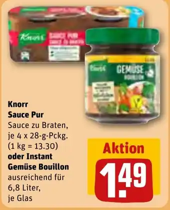 REWE Knorr Sauce Pur Sauce zu Braten, je 4 x 28-g-Pckg. oder Instant Gemüse Bouillon ausreichend für 6,8 Liter, je Glas Angebot