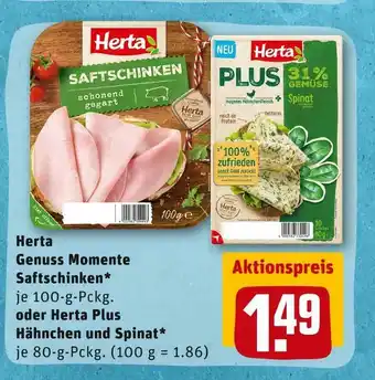 REWE Herta genuss momente oder herta plus saftschinken oder hähnchen und spinat Angebot