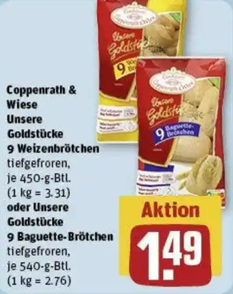 REWE Coppenrath & Wiese Unsere Goldstücke 9 Weizenbrötchen 450 g oder Unsere Goldstücke 9 Baguette-Brötchen 540 g Btl. Angebot