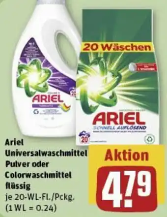 REWE Ariel Universalwaschmittel Pulver oder Colorwaschmittel flüssig 20 WL-Fl./Pckg. Angebot