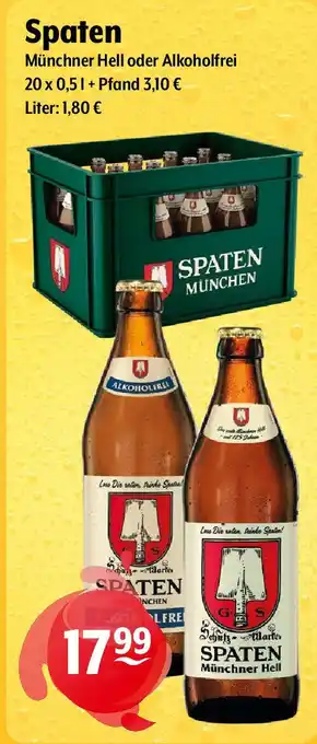 Getränke Hoffmann Spaten Münchner Hell oder Alkoholfrei 20 x 0,5 L Angebot