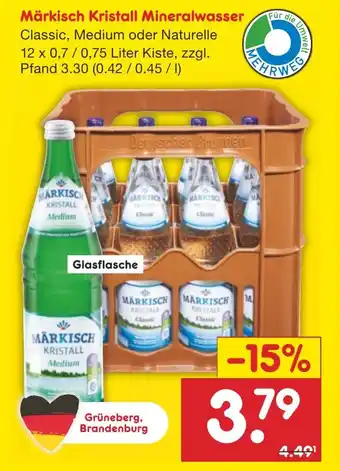 Netto Marken-Discount Märkisch Kristall Mineralwasser 12 x 0,7/0,75 Liter Angebot