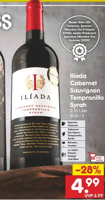 Netto Marken-Discount Ilíada Cabernet Sauvignon Tempranillo Syrah 0,75 Liter Angebot