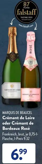 Aldi Süd MARQUIS DE BEAUCEL Crémant de Loire oder Crémant de Bordeaux Rosé 0,75 L Flasche Angebot