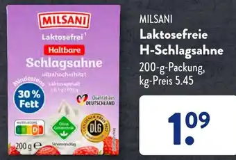 Aldi Süd MILSANI Laktosefreie H-Schlagsahne 200 g Packung Angebot