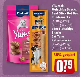 REWE Vitakraft fleischige snacks beef stick hot dog hundesnacks oder fleischige snacks cat yums katzensnacks Angebot