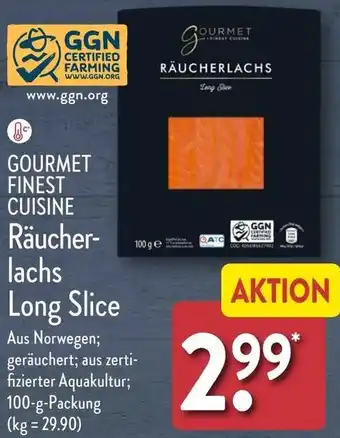 Aldi Nord GOURMET FINEST CUISINE Räucherlachs Long Slice 100 g Packung Angebot