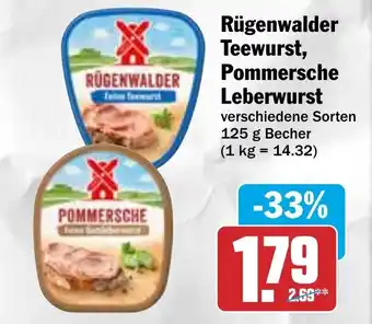 Hit Rügenwalder Teewurst, Pommersche Leberwurst 125 g Becher Angebot