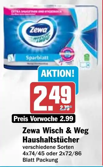 Hit Zewa Wisch & Weg Haushaltstücher 4x74/45 oder 2x72/86 Blatt Packung Angebot