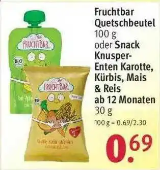 Rossmann Fruchtbar Quetschbeutel Oder Snack Knusper-enten Karotte, Kürbis, Mais & Reis Ab 12 Monaten Angebot