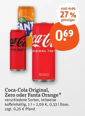 tegut Coca-Cola Original, Zero oder Fanta Orange 0,33 l Dose Angebot